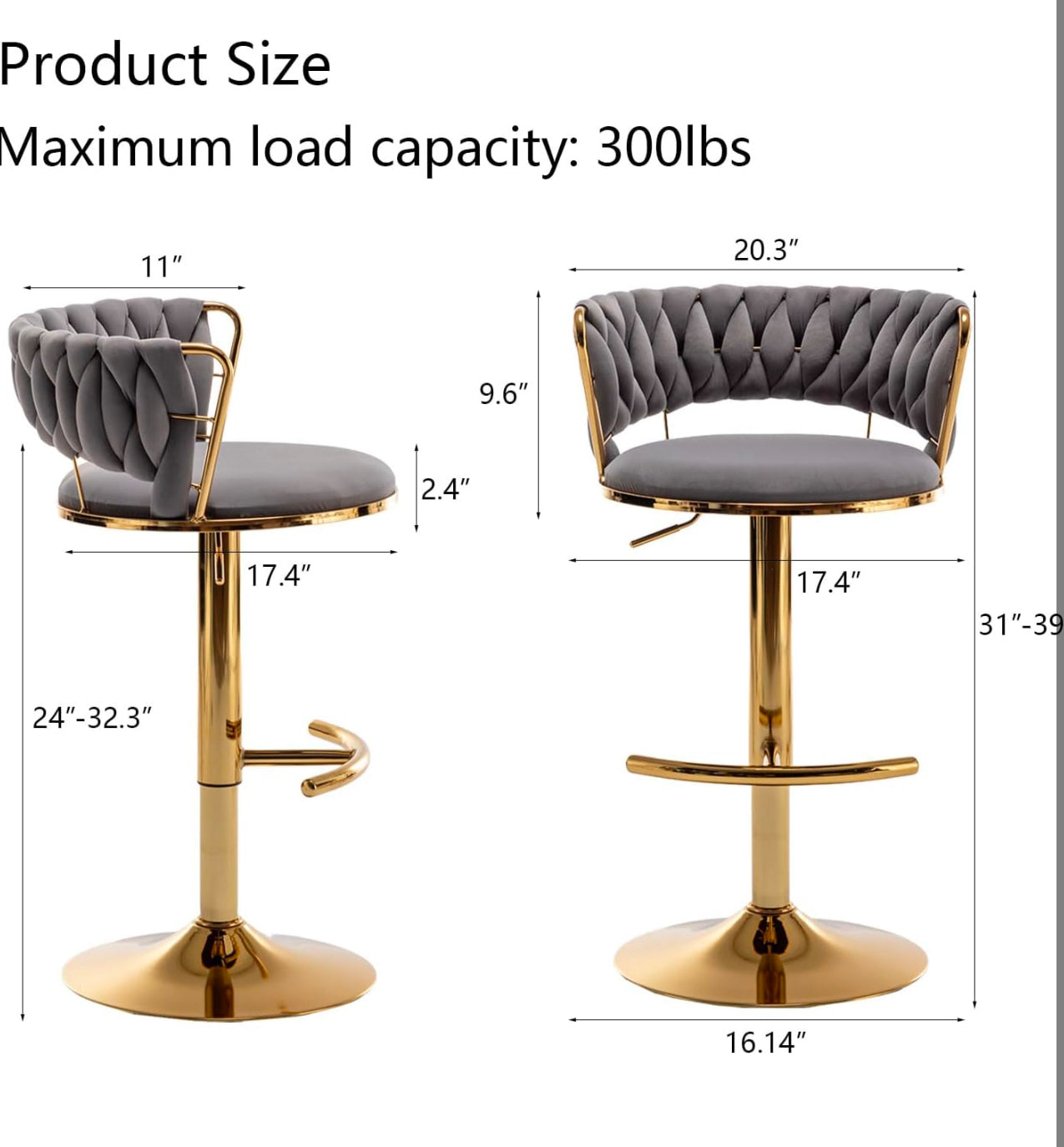 Velvet Bar Stools Set of 2, Counter Height Bar Stools with Low Back, Gold Swivel Bar Stool for Kitchen Island, Bar Pub (Grey)