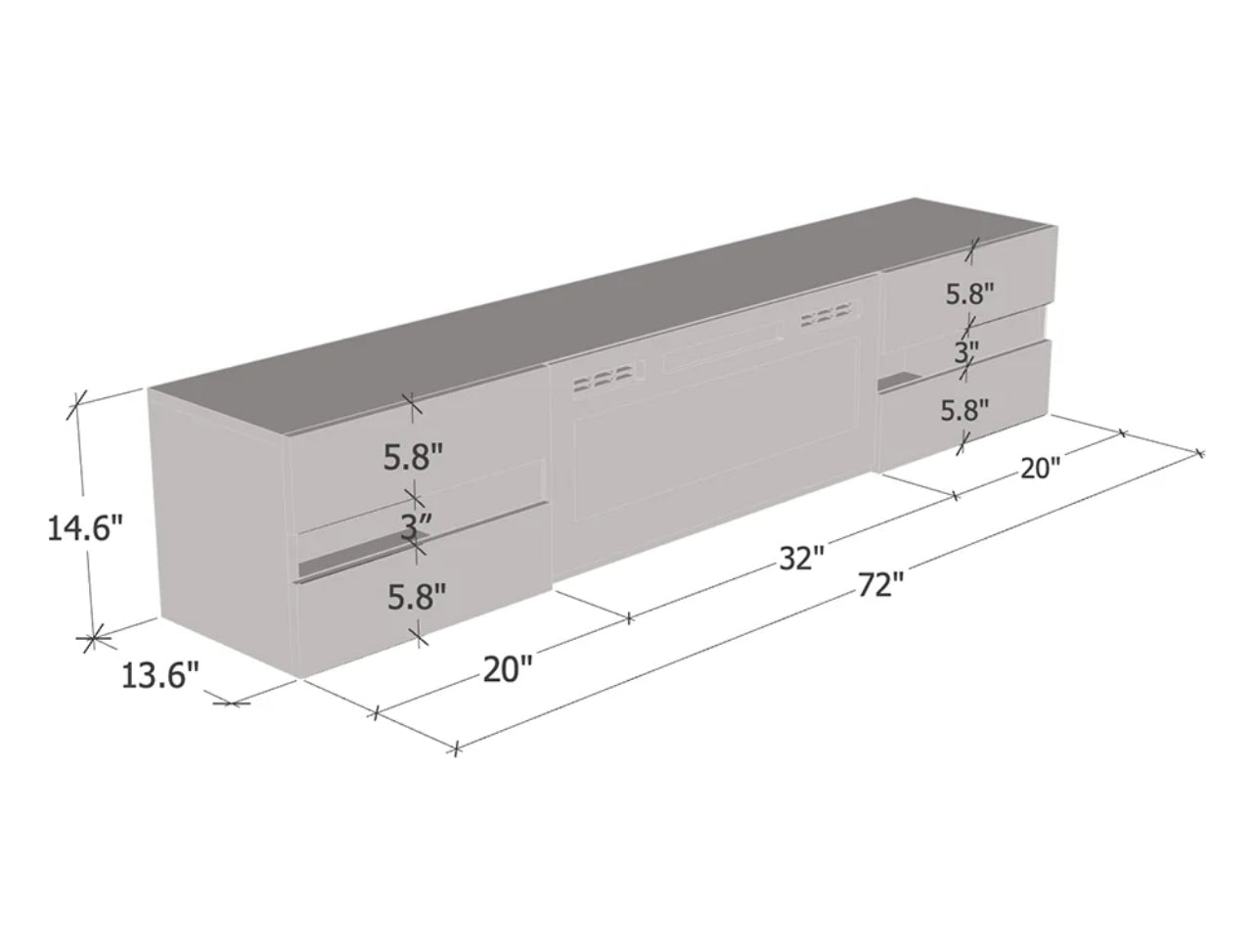Floating Metro TV102-243 White LED with fireplace 72”