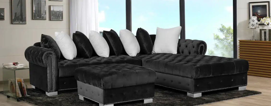 7500 BLACK Velvet Sectional With Ottoman Set