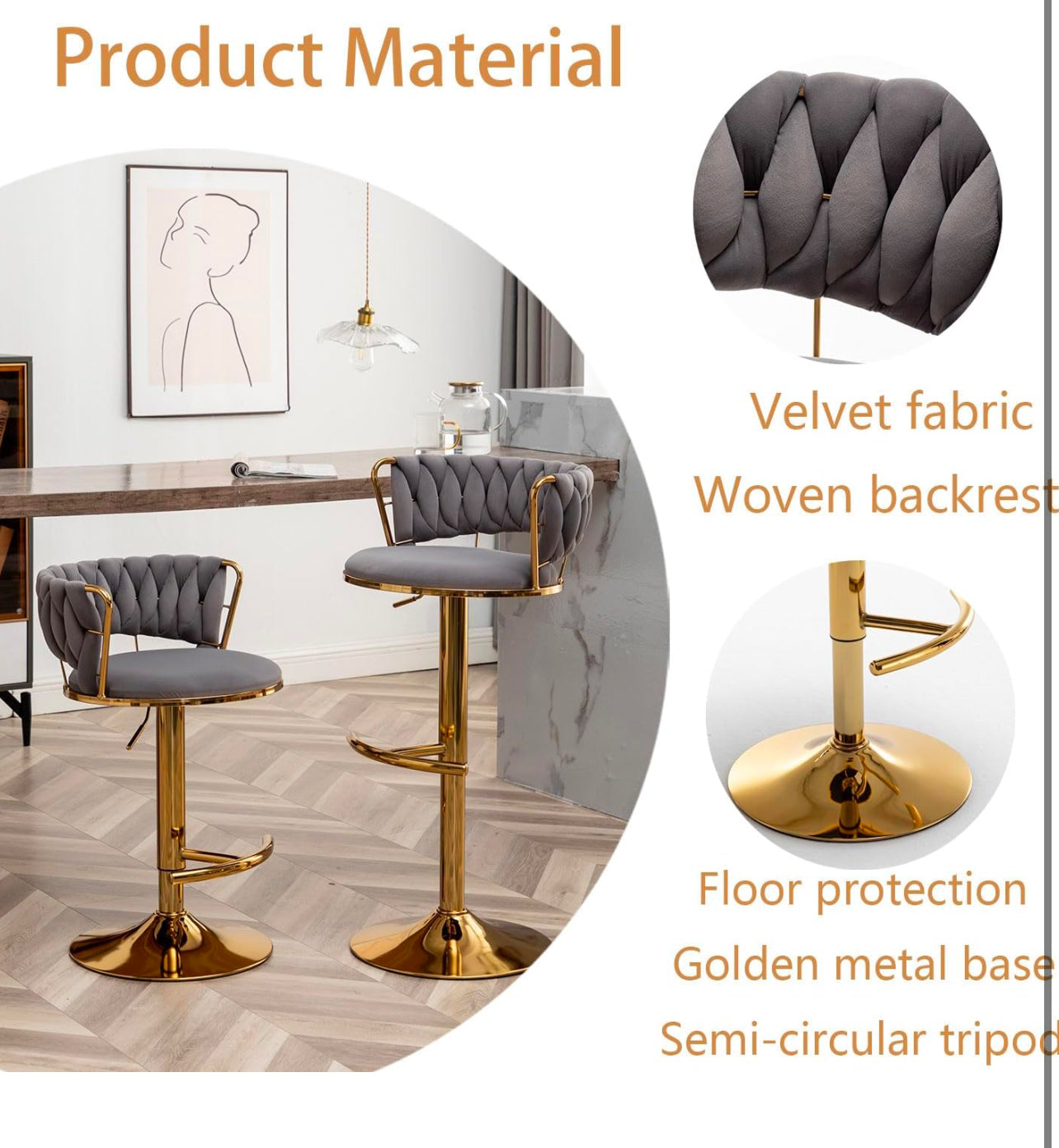 Velvet Bar Stools Set of 2, Counter Height Bar Stools with Low Back, Gold Swivel Bar Stool for Kitchen Island, Bar Pub (Grey)
