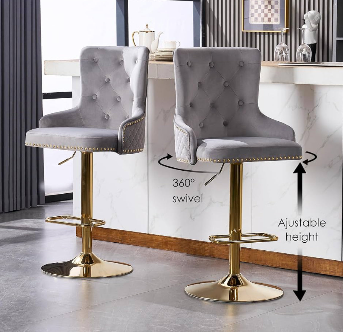 Velvet Gold Barstools Set of 2, Modern Counter Height Adjustable Swivel Stools Chairs with High Tufted Backrest Golden Base Lion Head Pull Ring Rivet Trim for Kitchen (Grey)