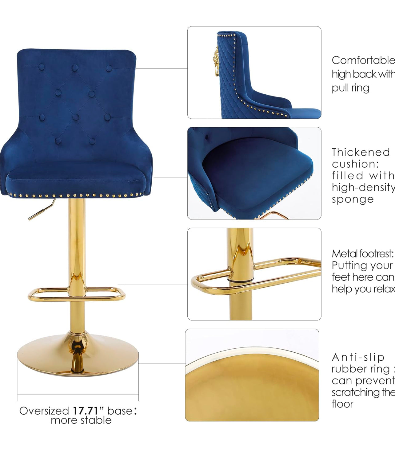 Velvet Gold Barstools Set of 2, Modern Counter Height Adjustable Swivel Stools Chairs with High Tufted Backrest Golden Base Lion Pull Ring Diamond Pattern Rivet Trim for Kitchen (Dark Blue)