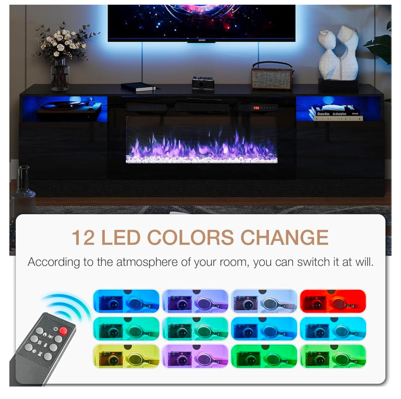 Lala Black TV Stand With Fireplace 70”