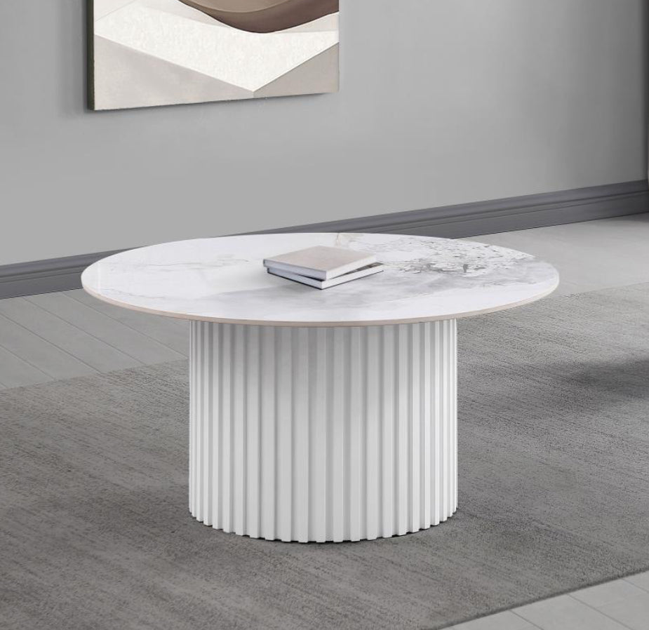 ROWENA ROUND SINTERED STONE COFFEE TABLE WHITE FAUX MARBLE