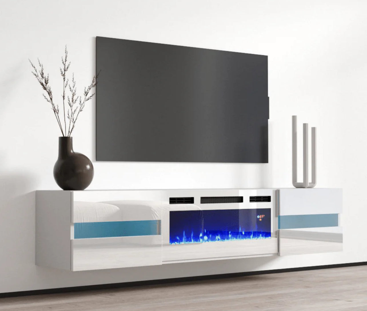 Floating Metro TV102-243 White LED with fireplace 72”