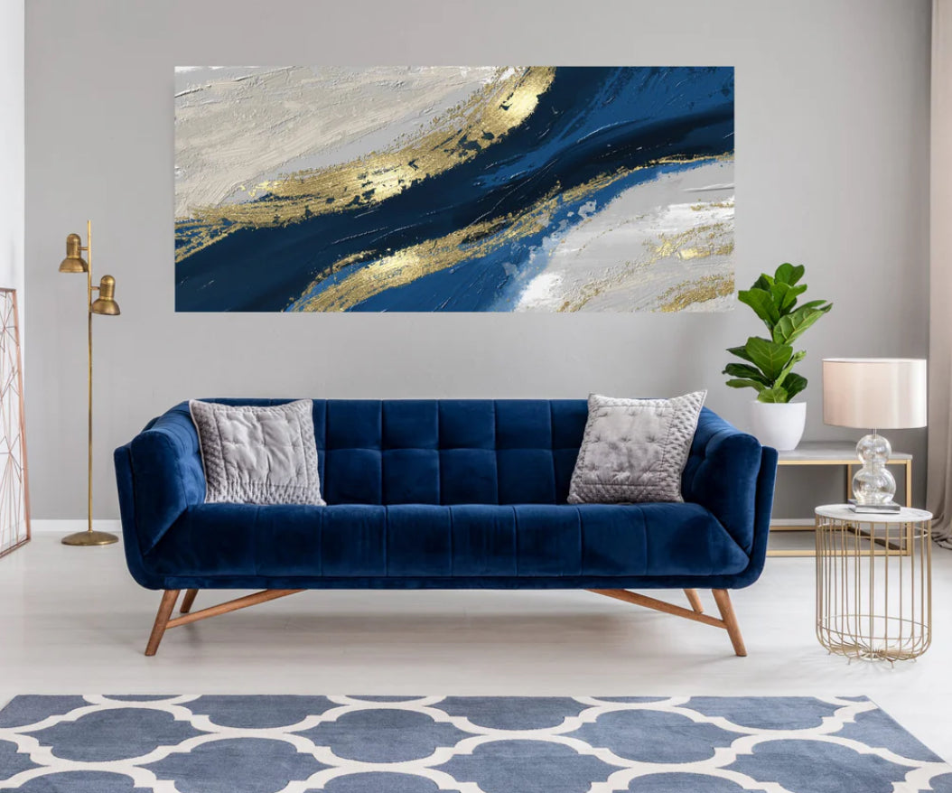 Blue Gold Abstract Tempered Glass Wall Art 47" x 24"