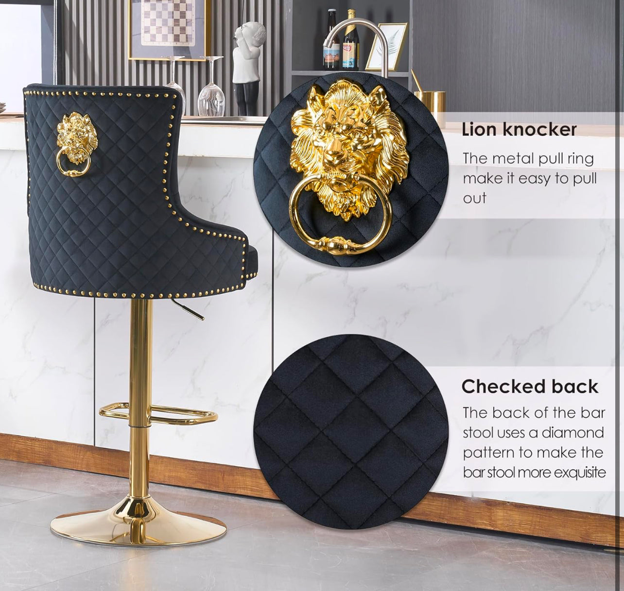 Velvet Gold Barstools Set of 2, Modern Counter Height Adjustable Swivel Stools Chairs with High Tufted Backrest Golden Base Lion Head Pull Ring Diamond Pattern Rivet Trim for Kitchen (Black)