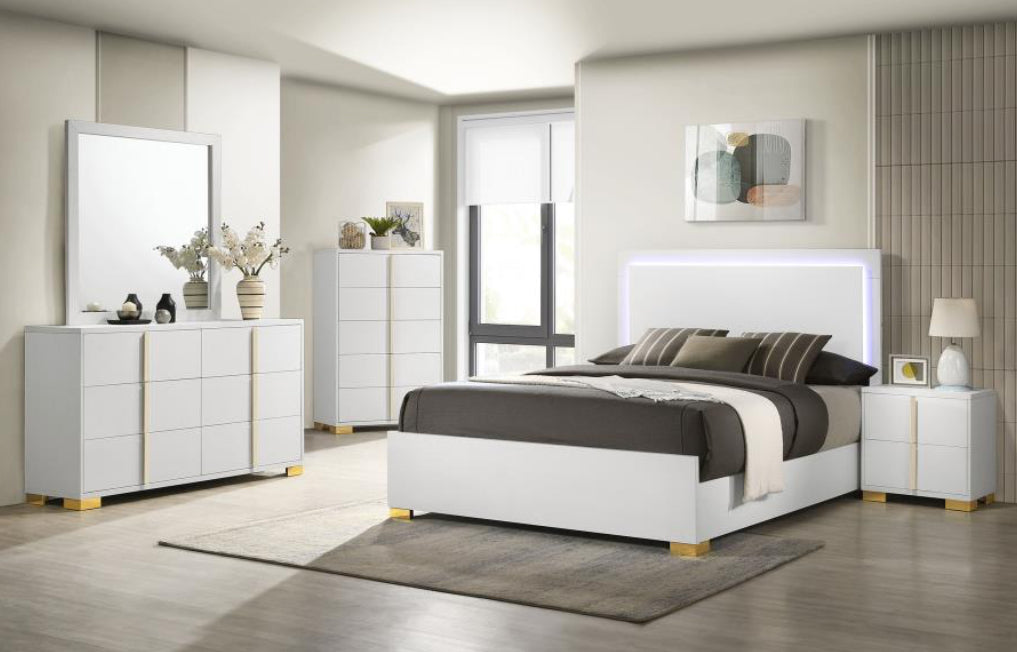 Marceline 4Pc Bedroom Set White/Gold With LED