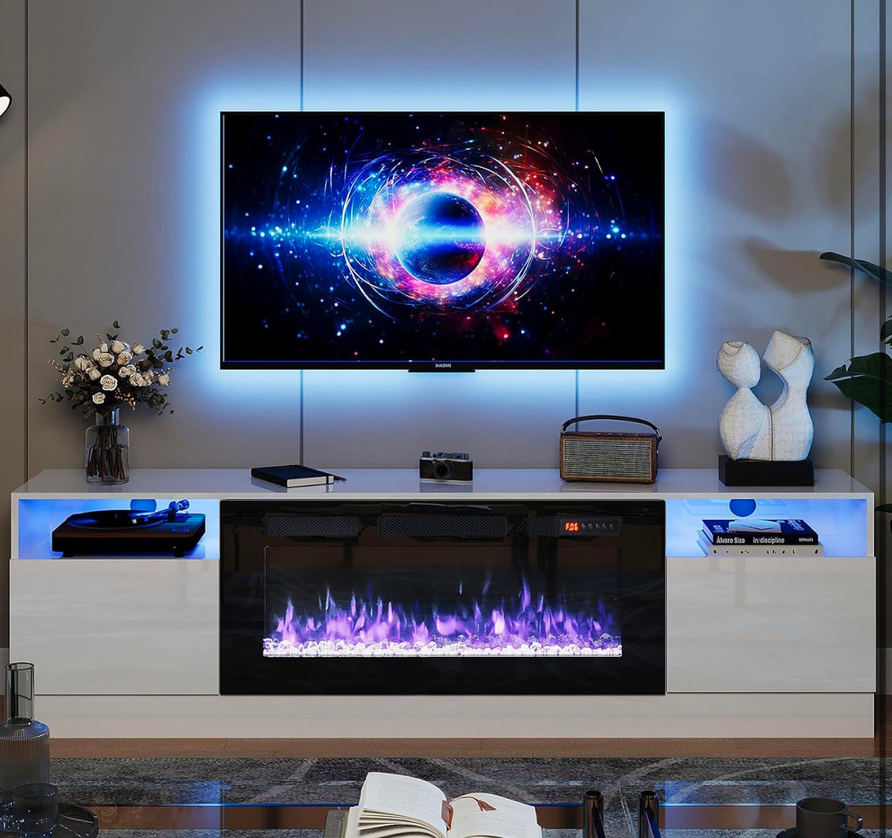 Lala White 70” TV Stand With Fireplace