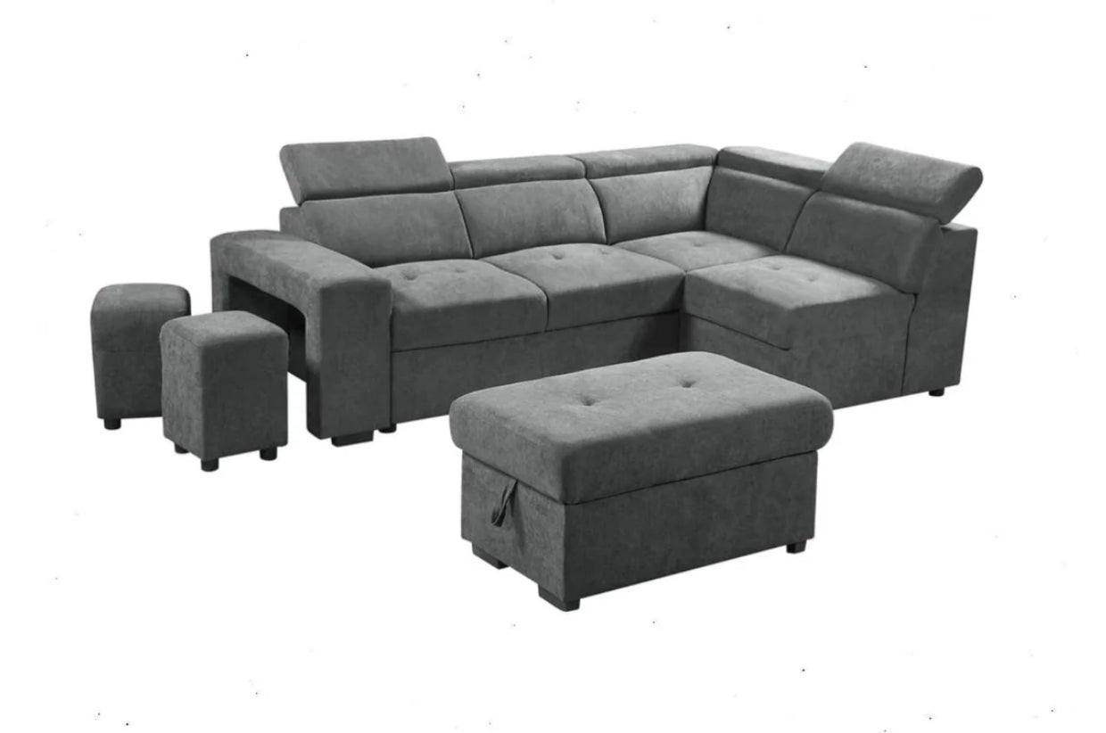 Henry Light Gray Sleeper Sectional w/ Storage and Stools