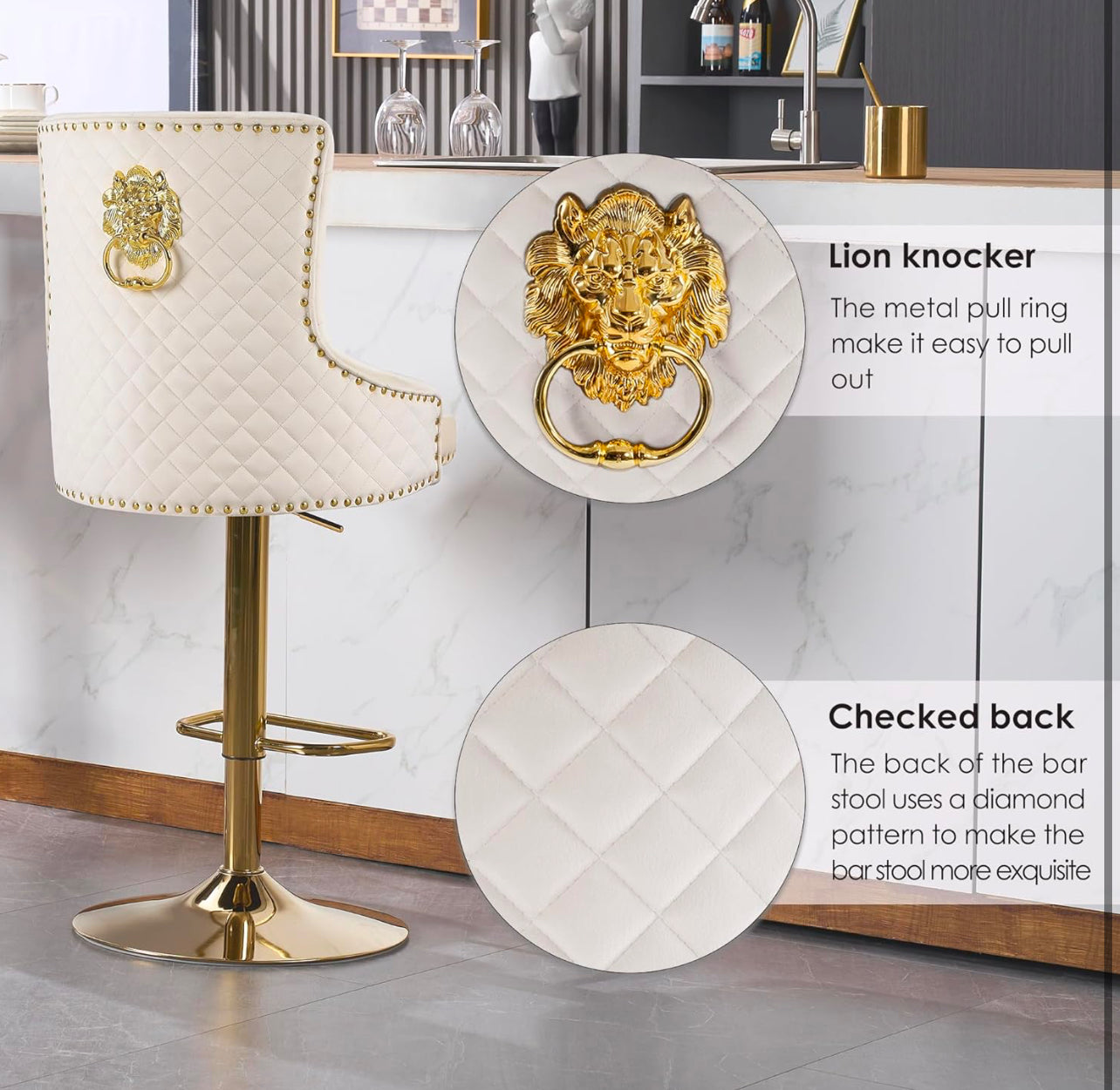 Velvet Gold Barstools Set of 2, Modern Counter Height Adjustable Swivel Stools Chairs with High Tufted Backrest Golden Base Lion Head Pull Ring Diamond Pattern Rivet Trim for Kitchen, Cream