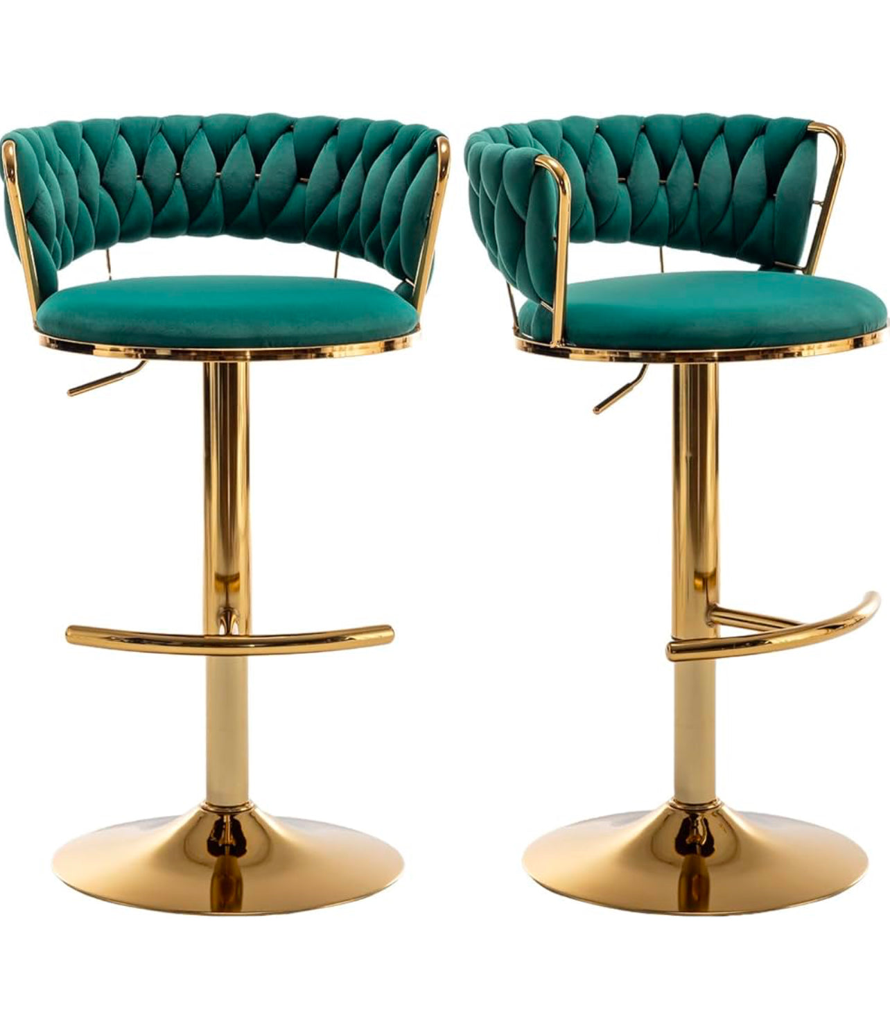 Velvet Bar Stools Set of 2, Counter Height Bar Chairs with Low Back, Gold Swivel Bar Stool for Kitchen Island, Bar Pub (Green)