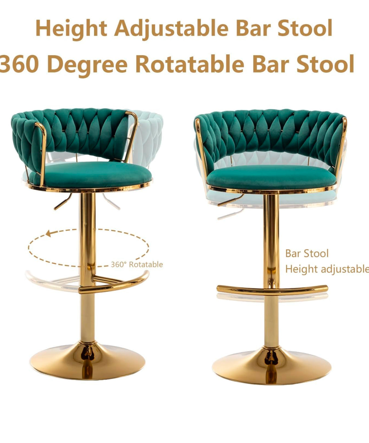 Velvet Bar Stools Set of 2, Counter Height Bar Chairs with Low Back, Gold Swivel Bar Stool for Kitchen Island, Bar Pub (Green)