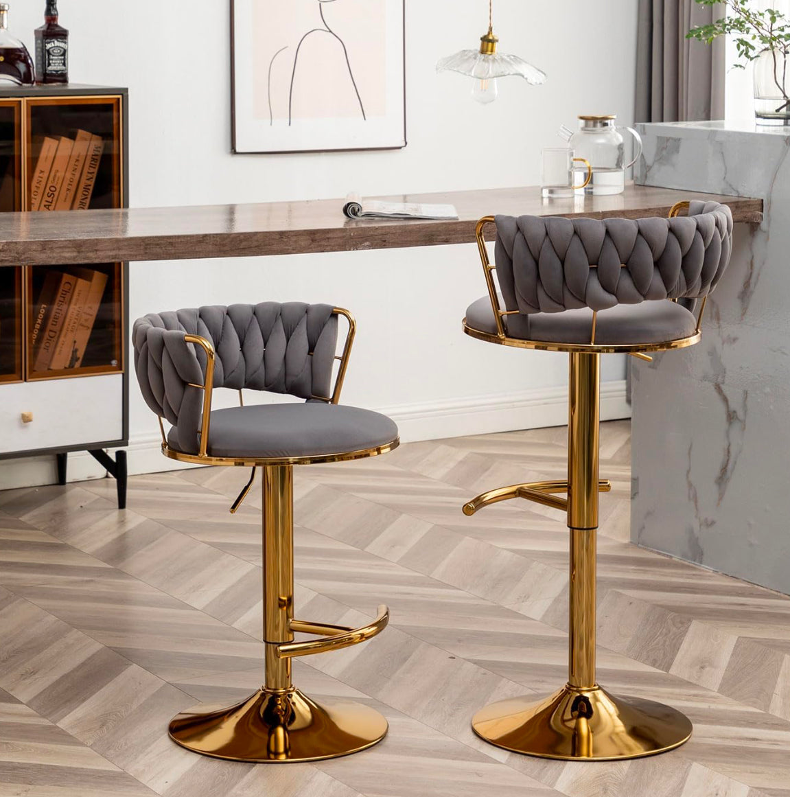 Velvet Bar Stools Set of 2, Counter Height Bar Stools with Low Back, Gold Swivel Bar Stool for Kitchen Island, Bar Pub (Grey)