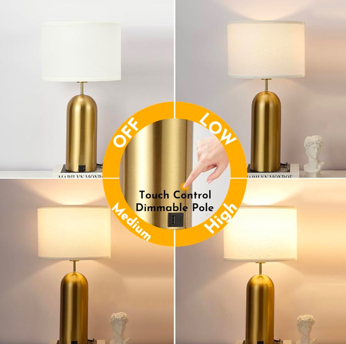 Gold Lamps Set of 2 Touch Control 3-Way Dimmable Bedside Nightstand Lamps Bedroom Lamps Modern White& Gold Table Lamp with USB Type C Ports