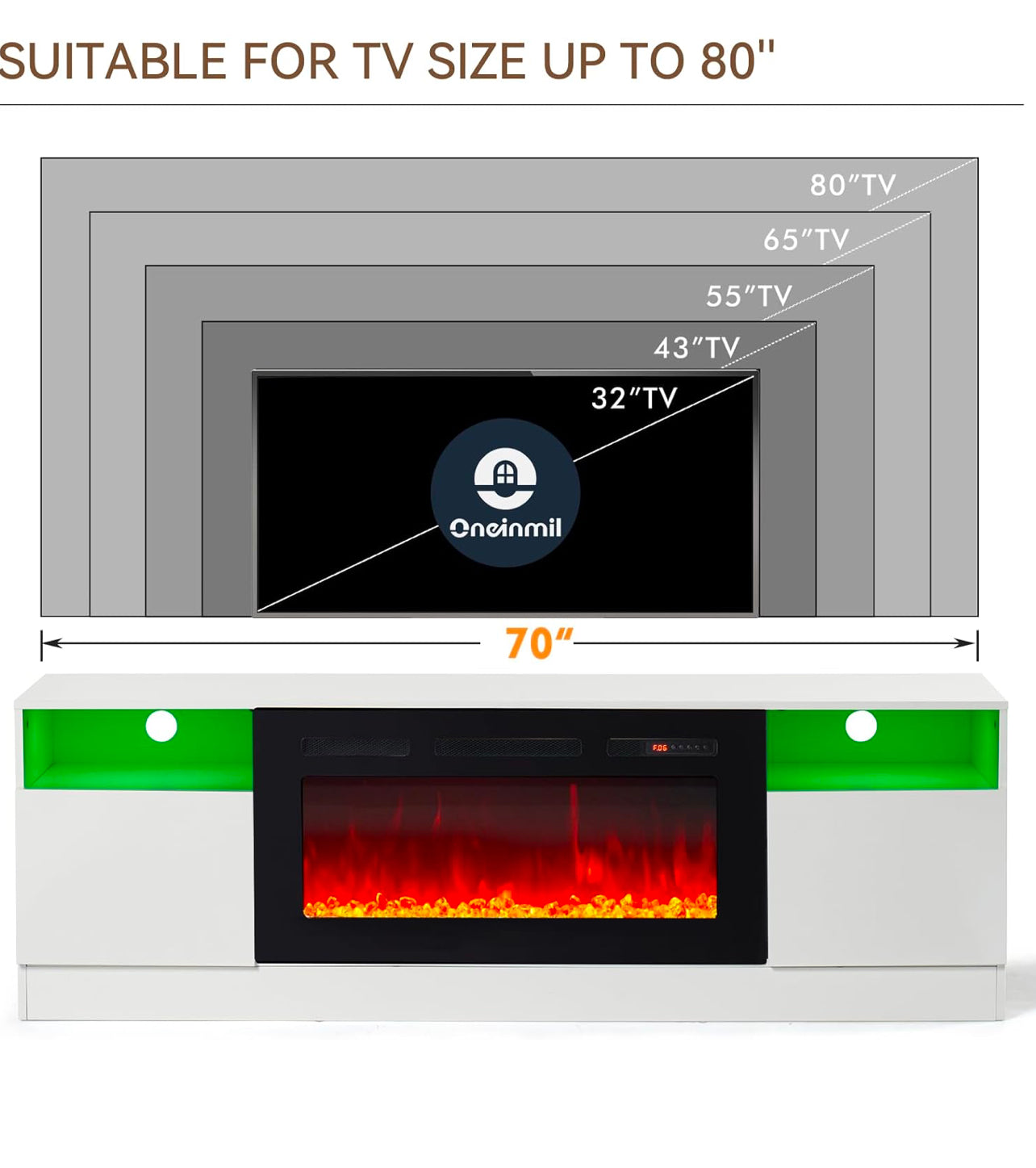 Lala White 70” TV Stand With Fireplace