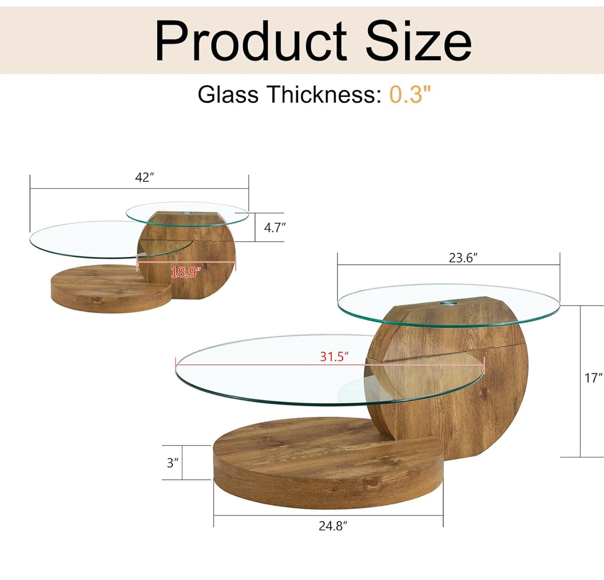 3 Tier Round Coffee Tables Tempered Clear Glass Top and Wood Coffee Table