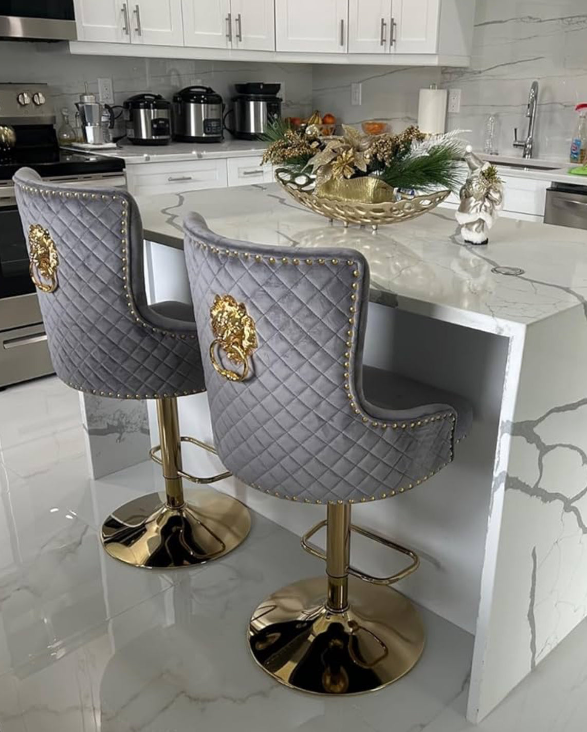 Velvet Gold Barstools Set of 2, Modern Counter Height Adjustable Swivel Stools Chairs with High Tufted Backrest Golden Base Lion Head Pull Ring Rivet Trim for Kitchen (Grey)