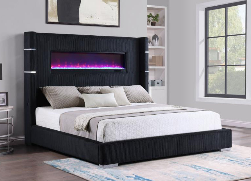 TISDALL UPHOLSTERED QUEEN-KING FLAME VISUALIZER BED BLACK