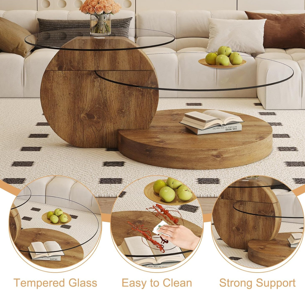 3 Tier Round Coffee Tables Tempered Clear Glass Top and Wood Coffee Table