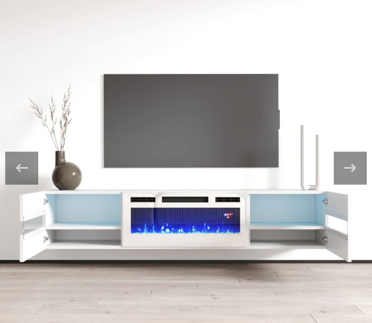 Floating Metro TV102-243 White LED with fireplace 72”