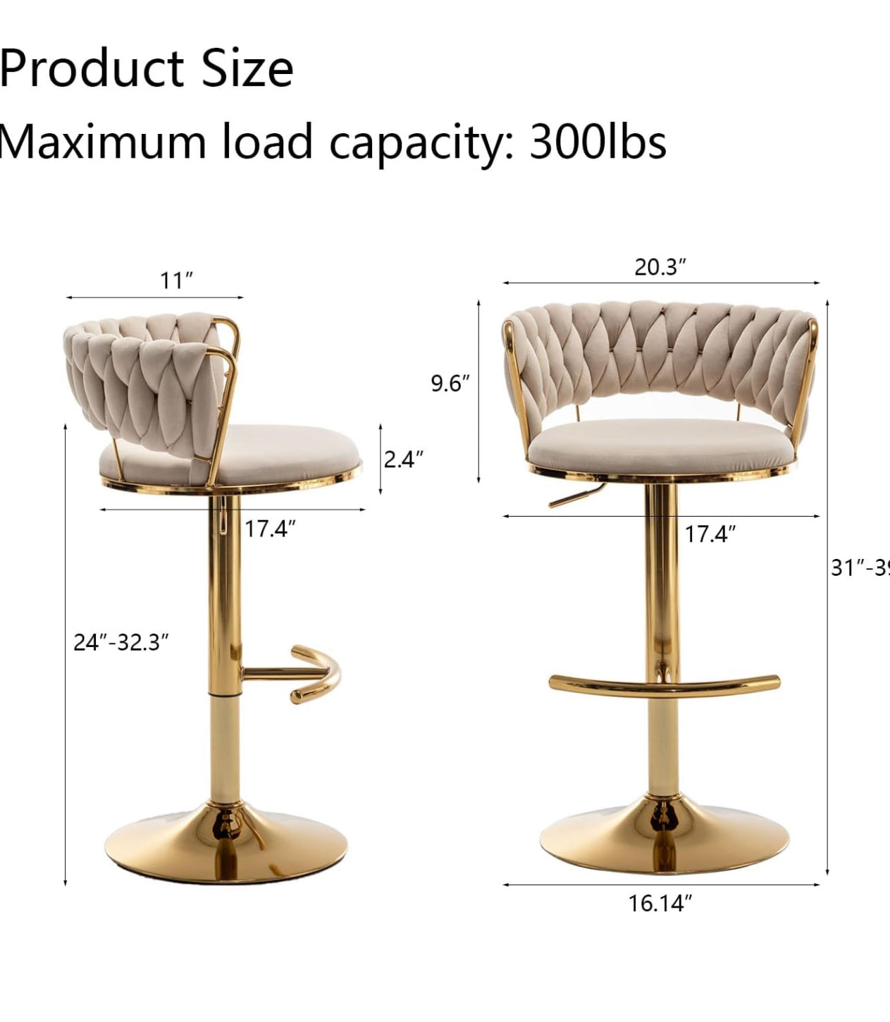 Velvet Bar Stools Set of 2, Counter Height Bar Stools with Low Back