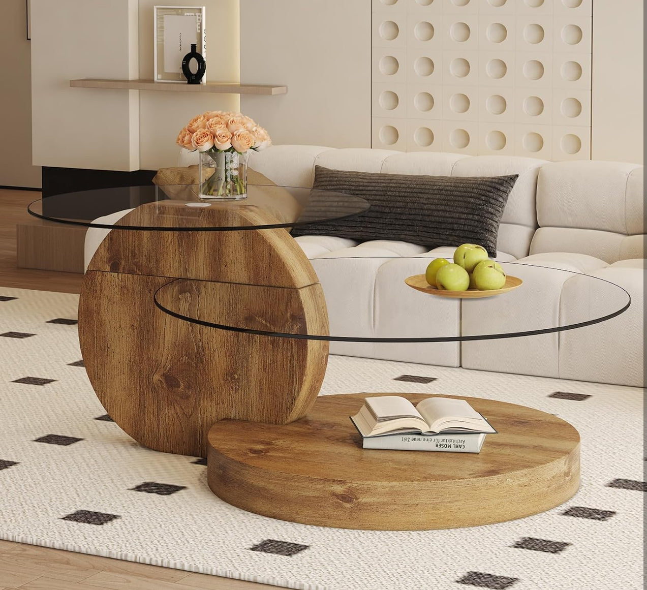 3 Tier Round Coffee Tables Tempered Clear Glass Top and Wood Coffee Table