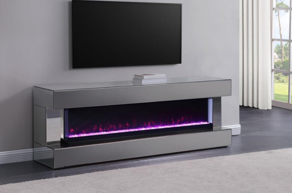 VALLERIE 71-INCH TV STAND WITH VISUAL FLAME BOX GREY MIRROR