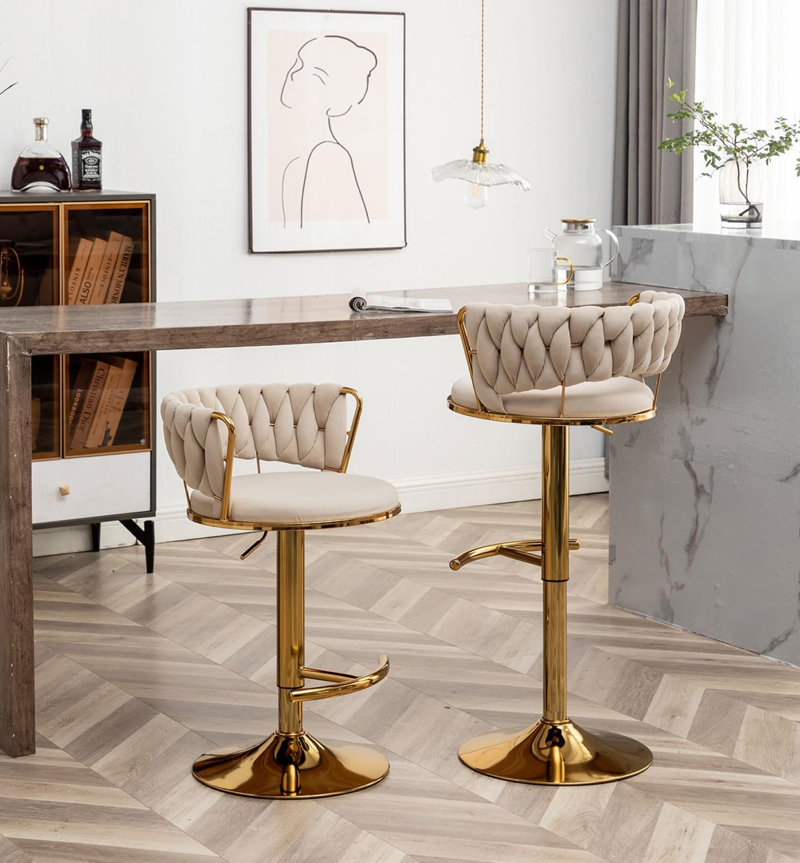 Velvet Bar Stools Set of 2, Counter Height Bar Stools with Low Back