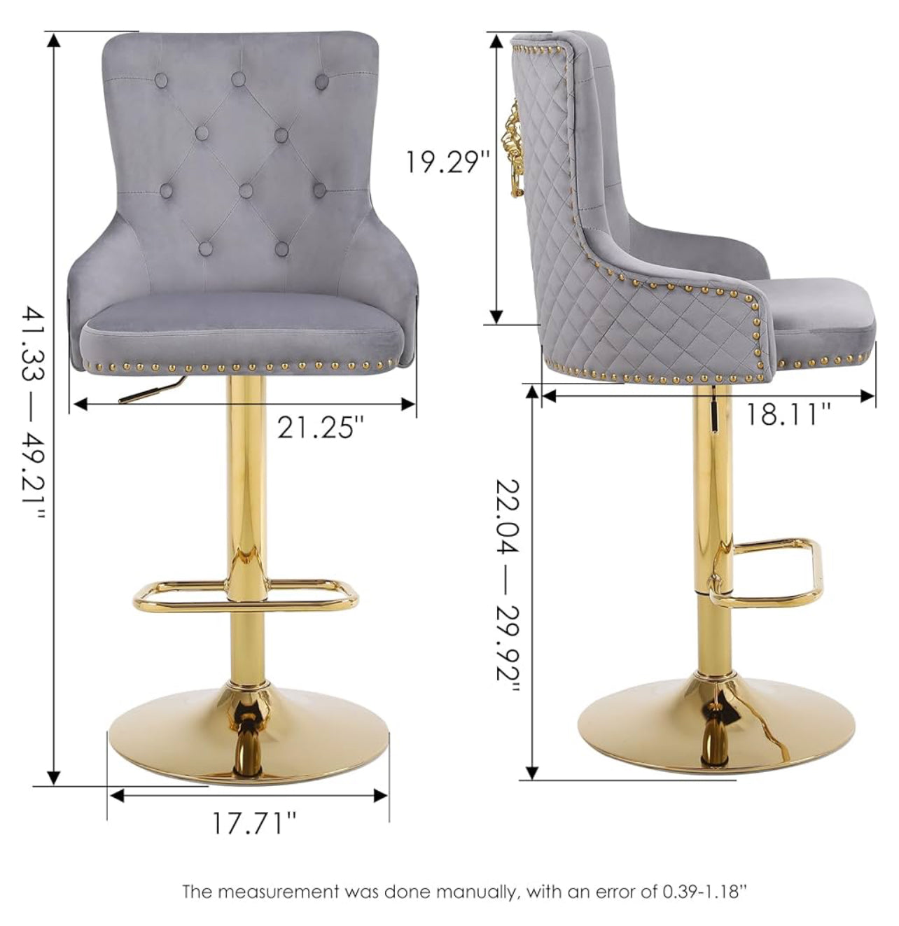 Velvet Gold Barstools Set of 2, Modern Counter Height Adjustable Swivel Stools Chairs with High Tufted Backrest Golden Base Lion Head Pull Ring Rivet Trim for Kitchen (Grey)