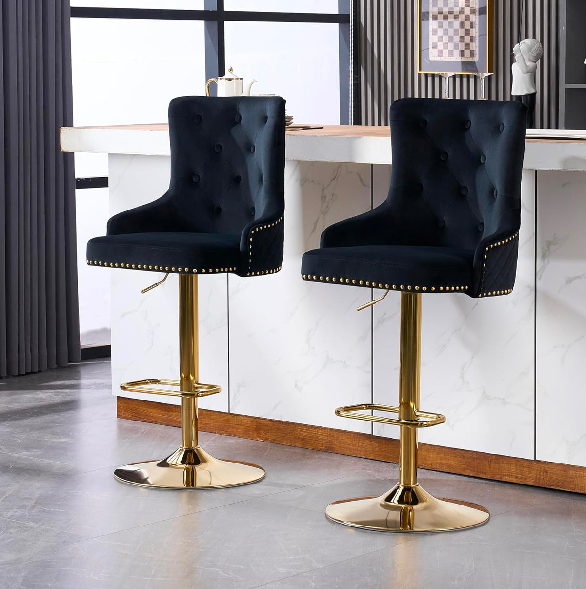 Velvet Gold Barstools Set of 2, Modern Counter Height Adjustable Swivel Stools Chairs with High Tufted Backrest Golden Base Lion Head Pull Ring Diamond Pattern Rivet Trim for Kitchen (Black)