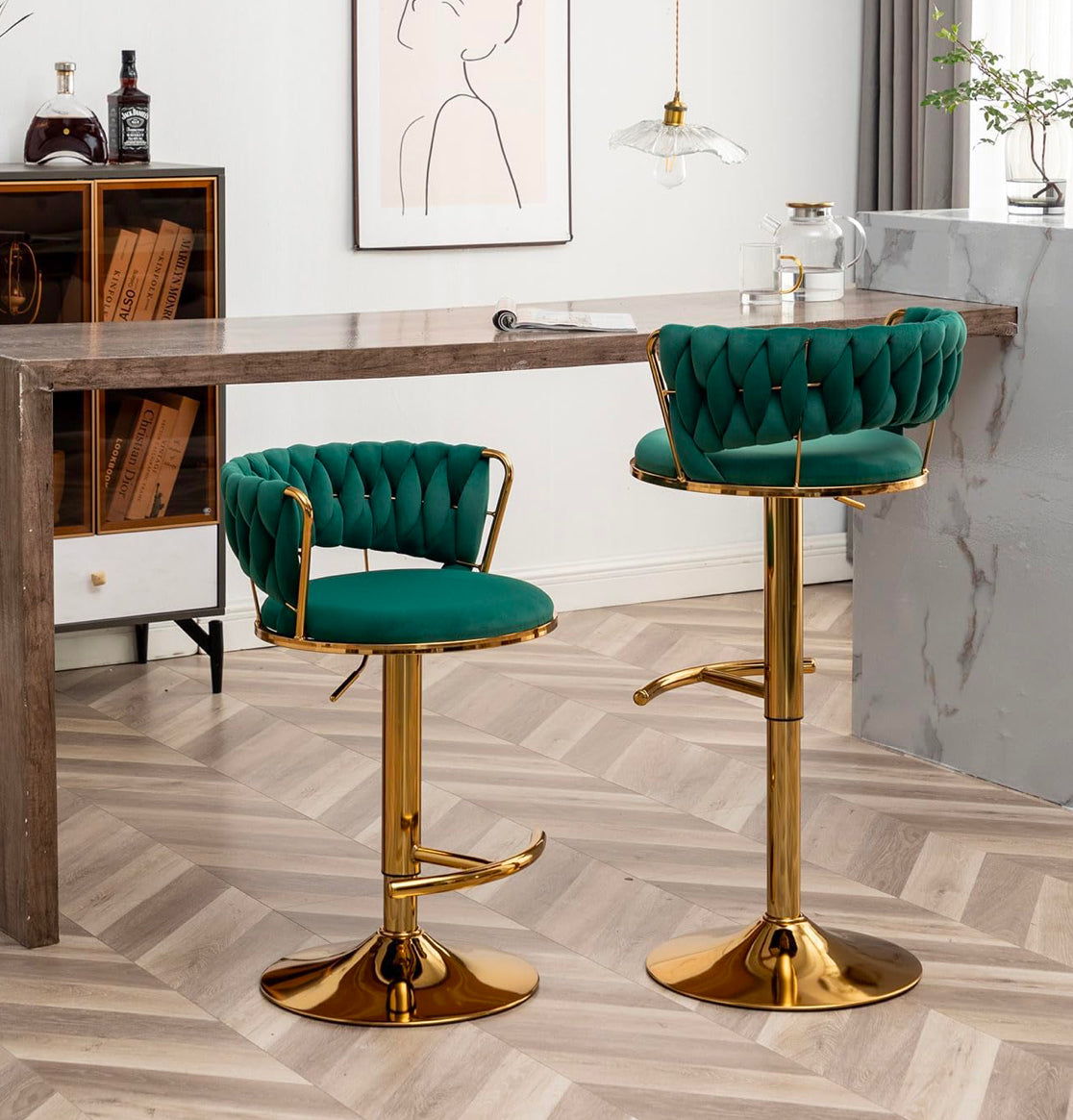 Velvet Bar Stools Set of 2, Counter Height Bar Chairs with Low Back, Gold Swivel Bar Stool for Kitchen Island, Bar Pub (Green)