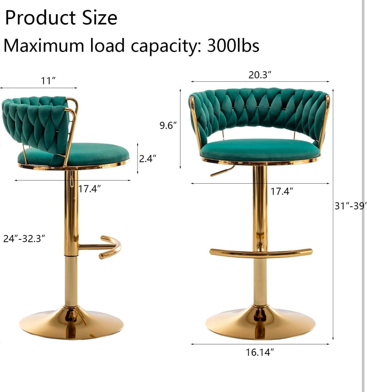 Velvet Bar Stools Set of 2, Counter Height Bar Chairs with Low Back, Gold Swivel Bar Stool for Kitchen Island, Bar Pub (Green)