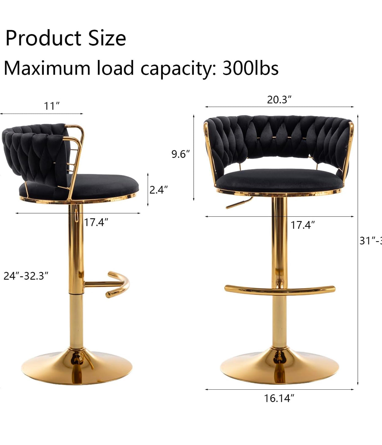 Velvet Bar Stools Set of 2, Counter Height Bar Stools with Low Back, Gold Swivel Bar Stool for Kitchen Island, Bar Pub (Black)