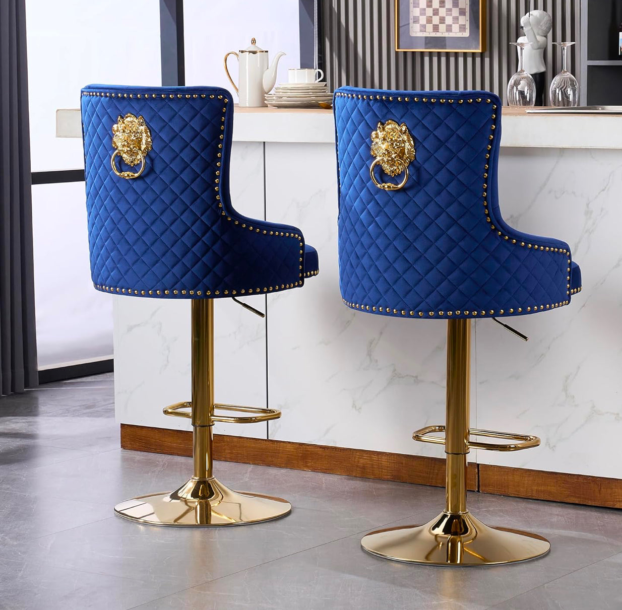 Velvet Gold Barstools Set of 2, Modern Counter Height Adjustable Swivel Stools Chairs with High Tufted Backrest Golden Base Lion Pull Ring Diamond Pattern Rivet Trim for Kitchen (Dark Blue)