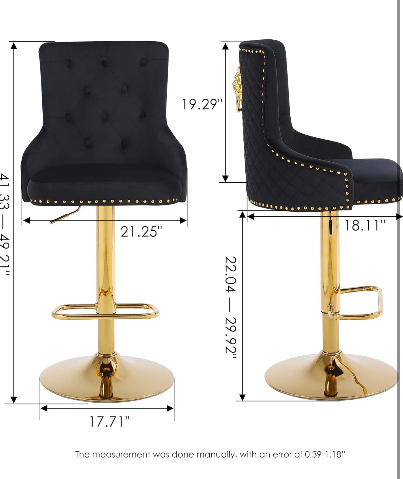 Velvet Gold Barstools Set of 2, Modern Counter Height Adjustable Swivel Stools Chairs with High Tufted Backrest Golden Base Lion Head Pull Ring Diamond Pattern Rivet Trim for Kitchen (Black)