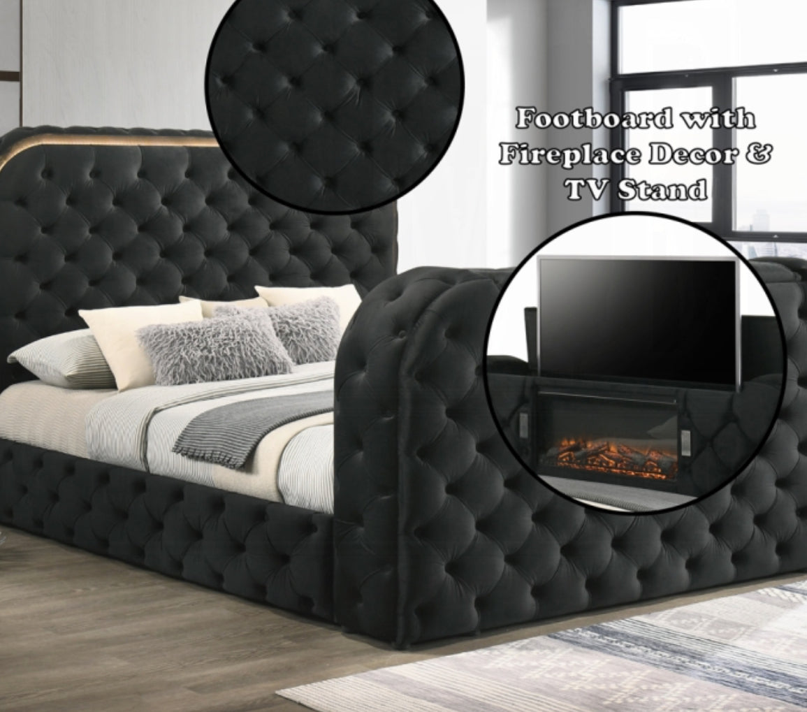 Kana Queen / King Bed w/LED, Fireplace & TV Stand
