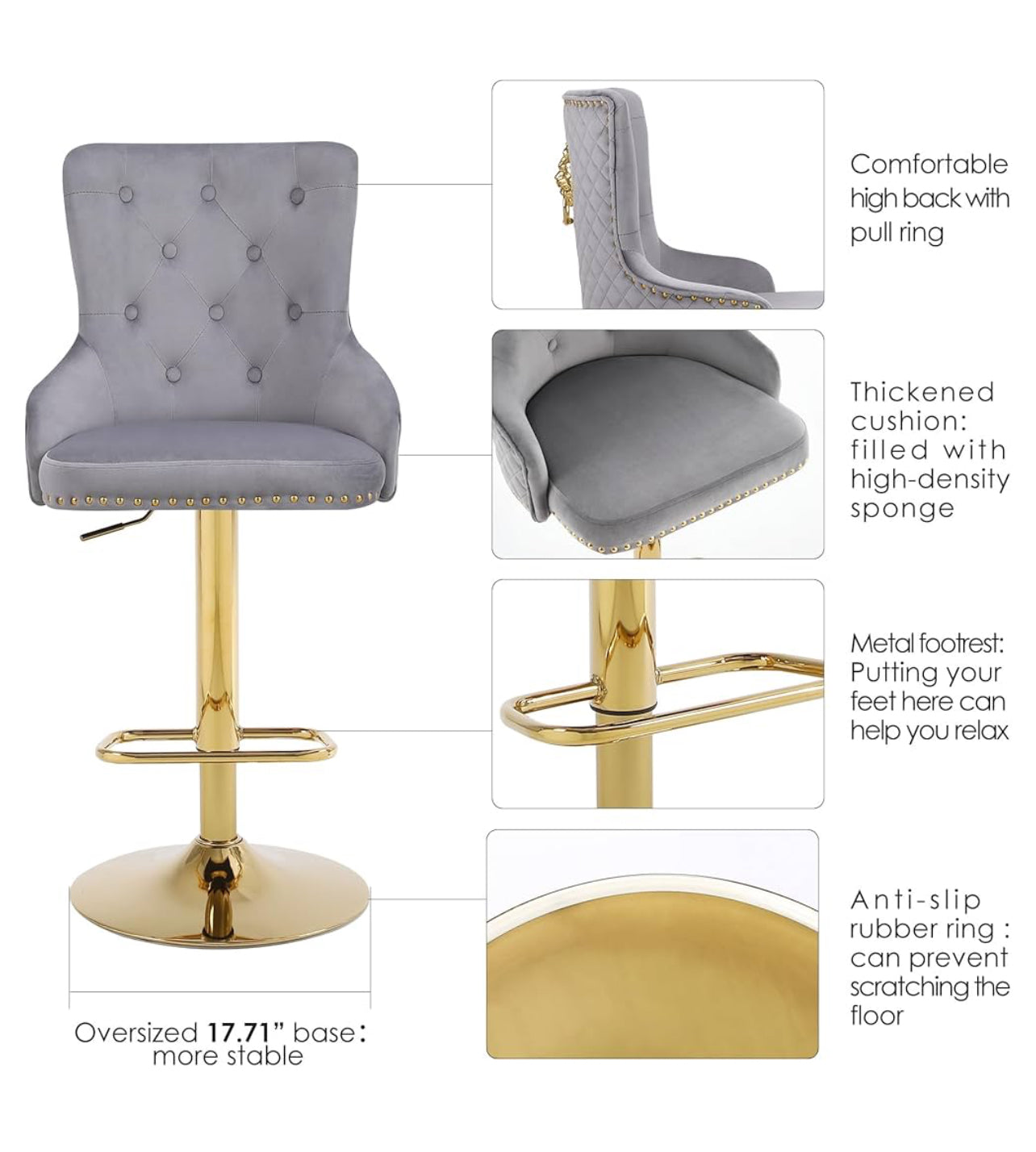 Velvet Gold Barstools Set of 2, Modern Counter Height Adjustable Swivel Stools Chairs with High Tufted Backrest Golden Base Lion Head Pull Ring Rivet Trim for Kitchen (Grey)