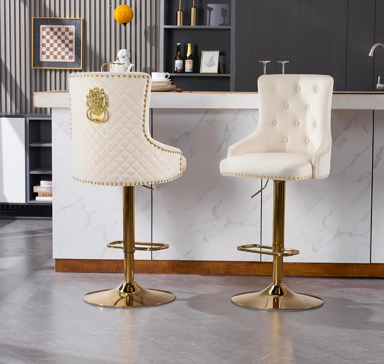 Velvet Gold Barstools Set of 2, Modern Counter Height Adjustable Swivel Stools Chairs with High Tufted Backrest Golden Base Lion Head Pull Ring Diamond Pattern Rivet Trim for Kitchen, Cream