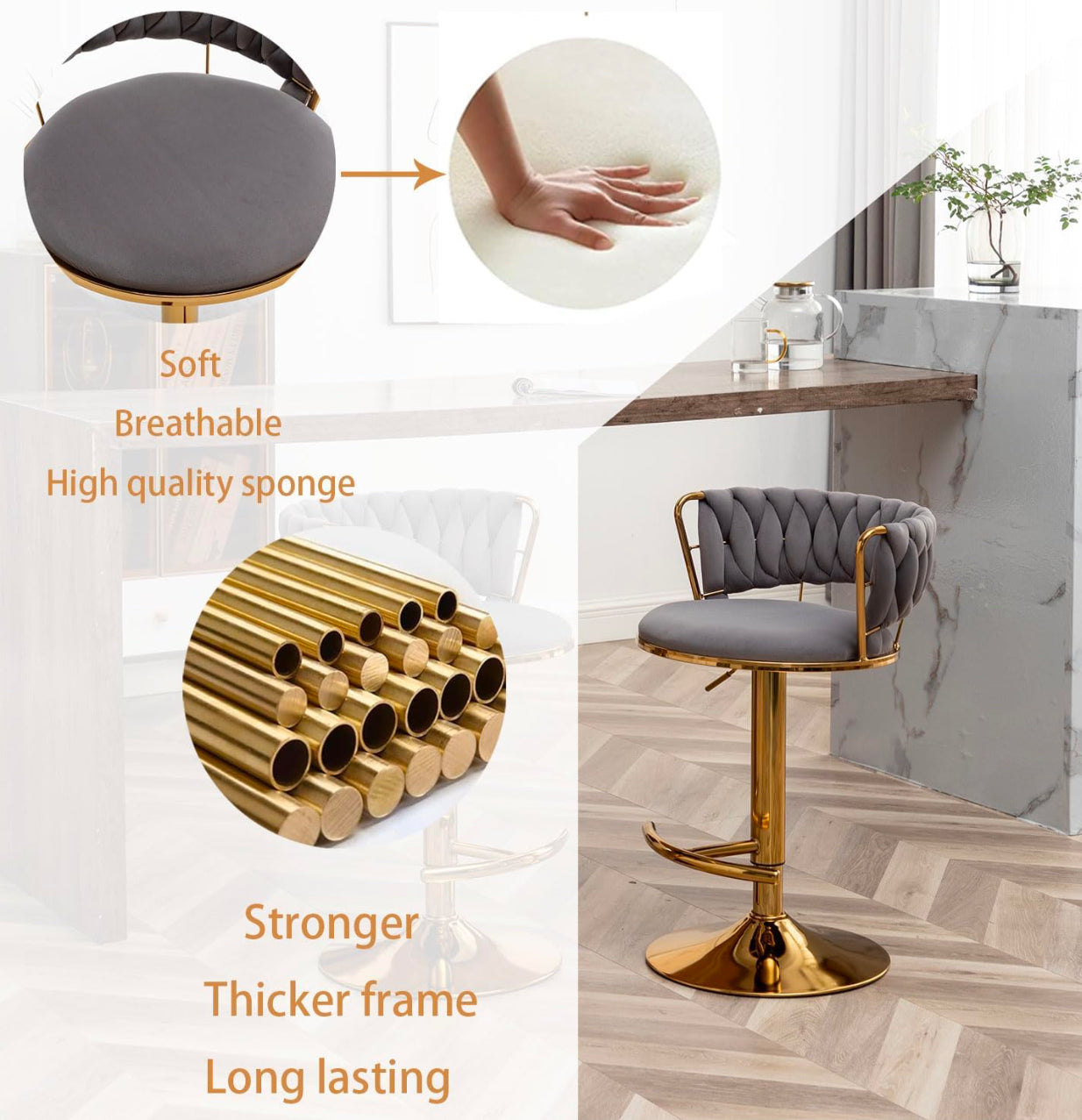 Velvet Bar Stools Set of 2, Counter Height Bar Stools with Low Back, Gold Swivel Bar Stool for Kitchen Island, Bar Pub (Grey)