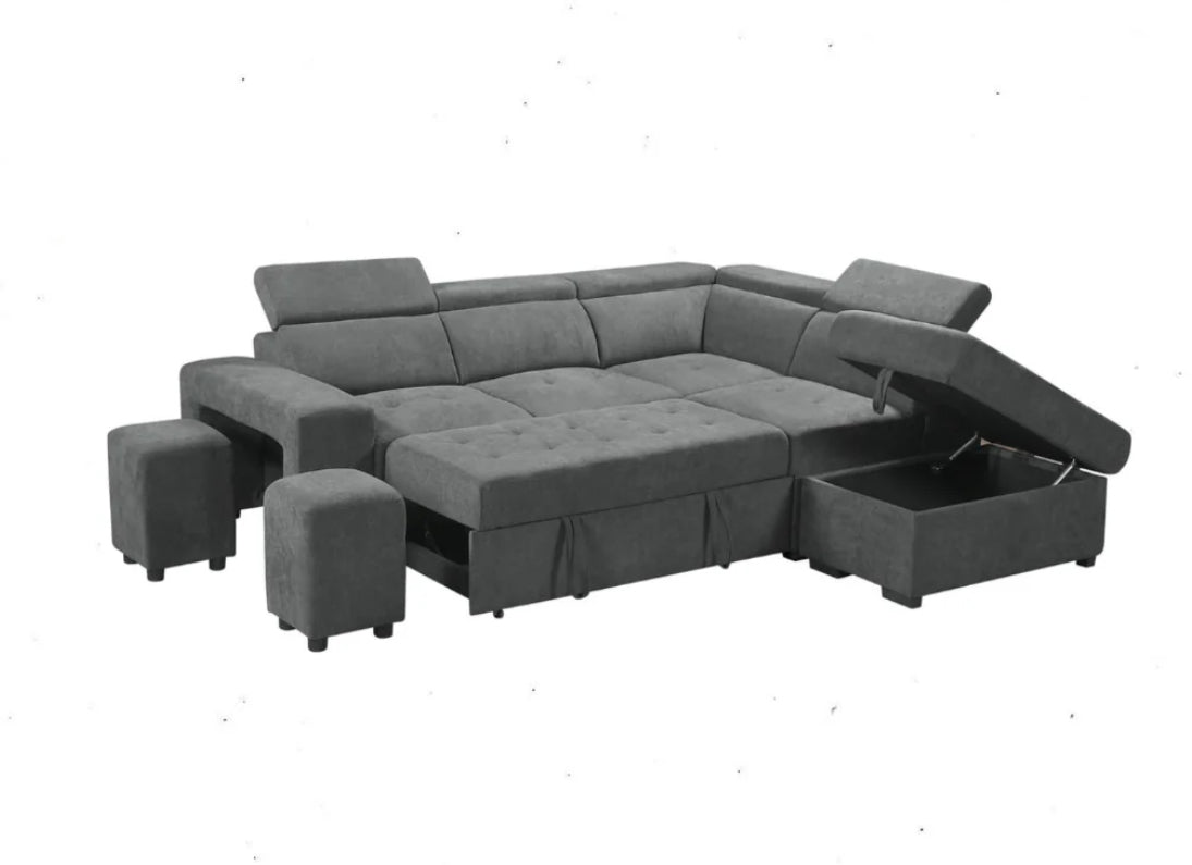 Henry Light Gray Sleeper Sectional w/ Storage and Stools
