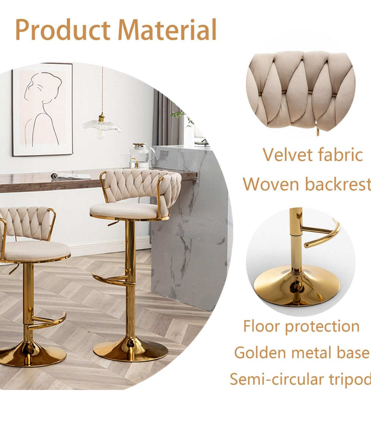 Velvet Bar Stools Set of 2, Counter Height Bar Stools with Low Back