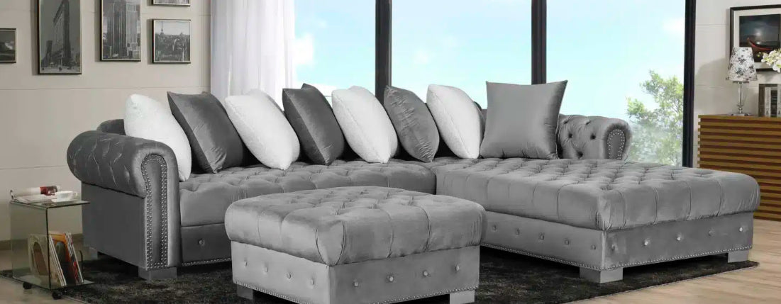 7500 GREY Velvet Sectional with Ottoman