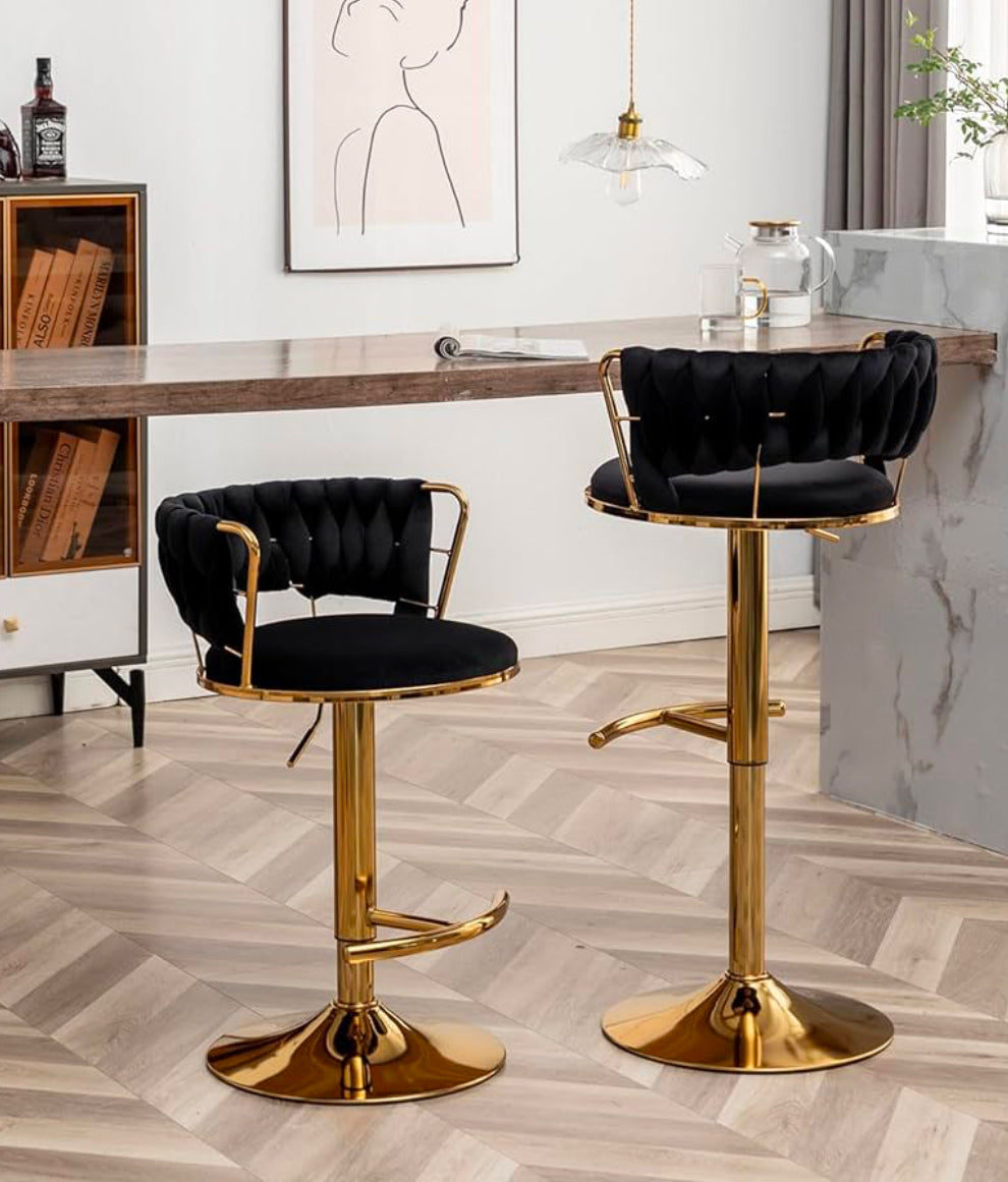 Velvet Bar Stools Set of 2, Counter Height Bar Stools with Low Back, Gold Swivel Bar Stool for Kitchen Island, Bar Pub (Black)