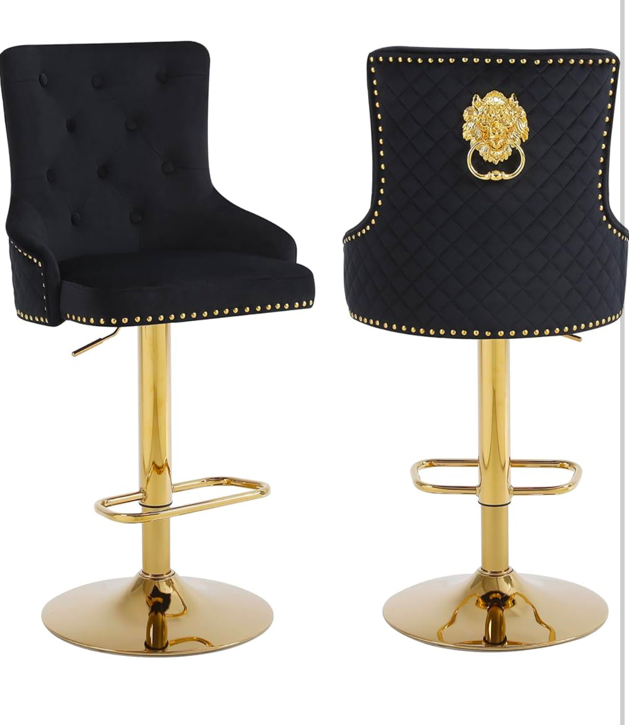 Velvet Gold Barstools Set of 2, Modern Counter Height Adjustable Swivel Stools Chairs with High Tufted Backrest Golden Base Lion Head Pull Ring Diamond Pattern Rivet Trim for Kitchen (Black)