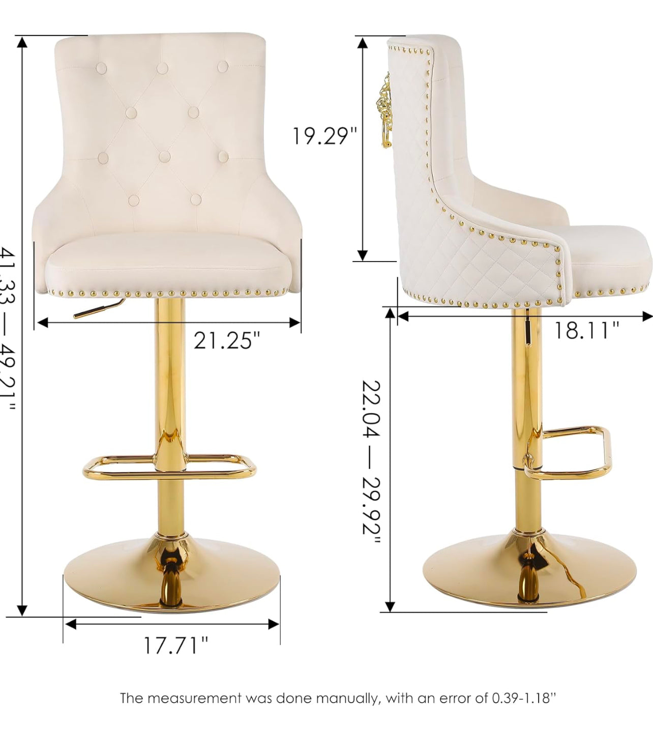 Velvet Gold Barstools Set of 2, Modern Counter Height Adjustable Swivel Stools Chairs with High Tufted Backrest Golden Base Lion Head Pull Ring Diamond Pattern Rivet Trim for Kitchen, Cream