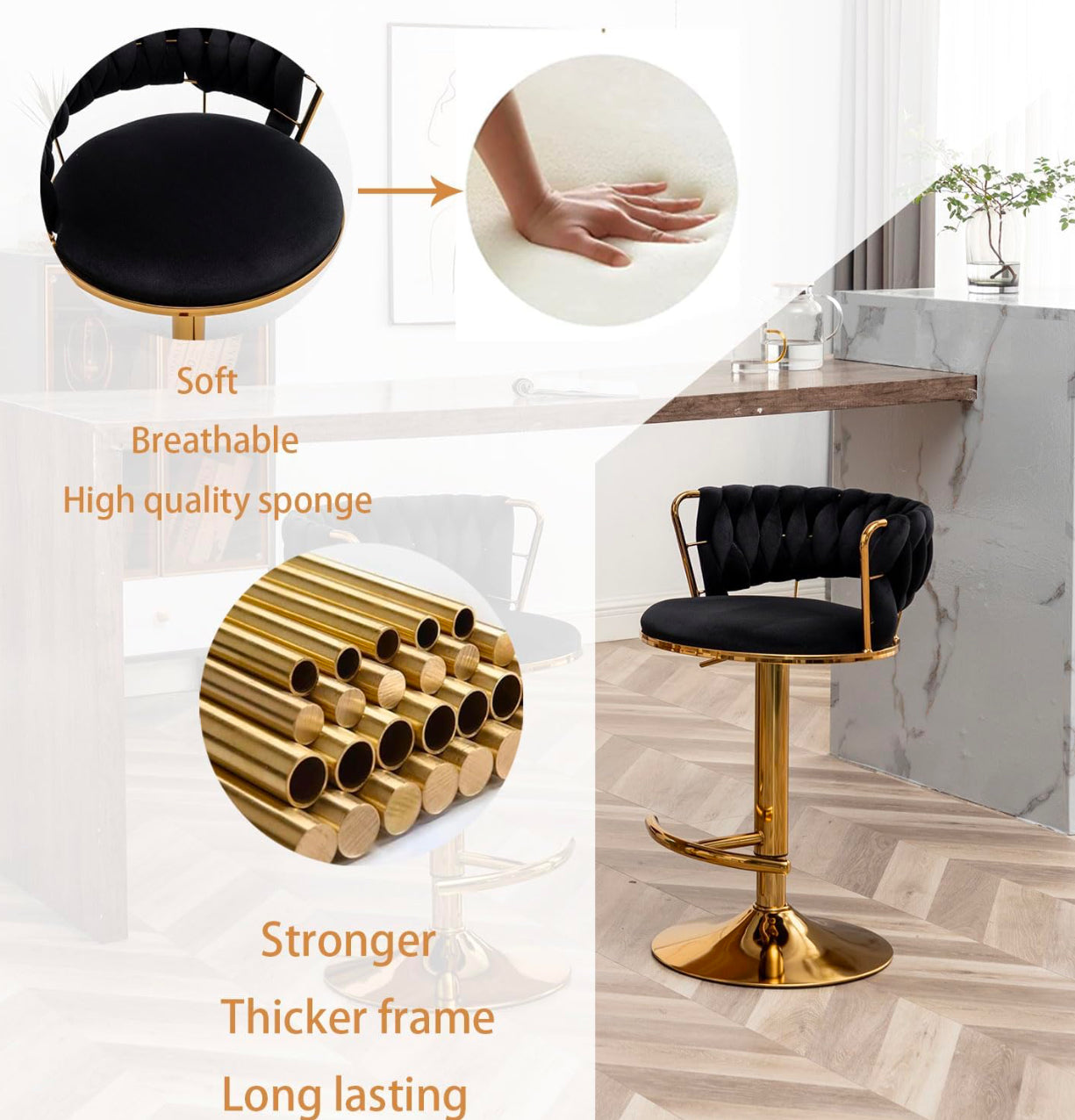 Velvet Bar Stools Set of 2, Counter Height Bar Stools with Low Back, Gold Swivel Bar Stool for Kitchen Island, Bar Pub (Black)