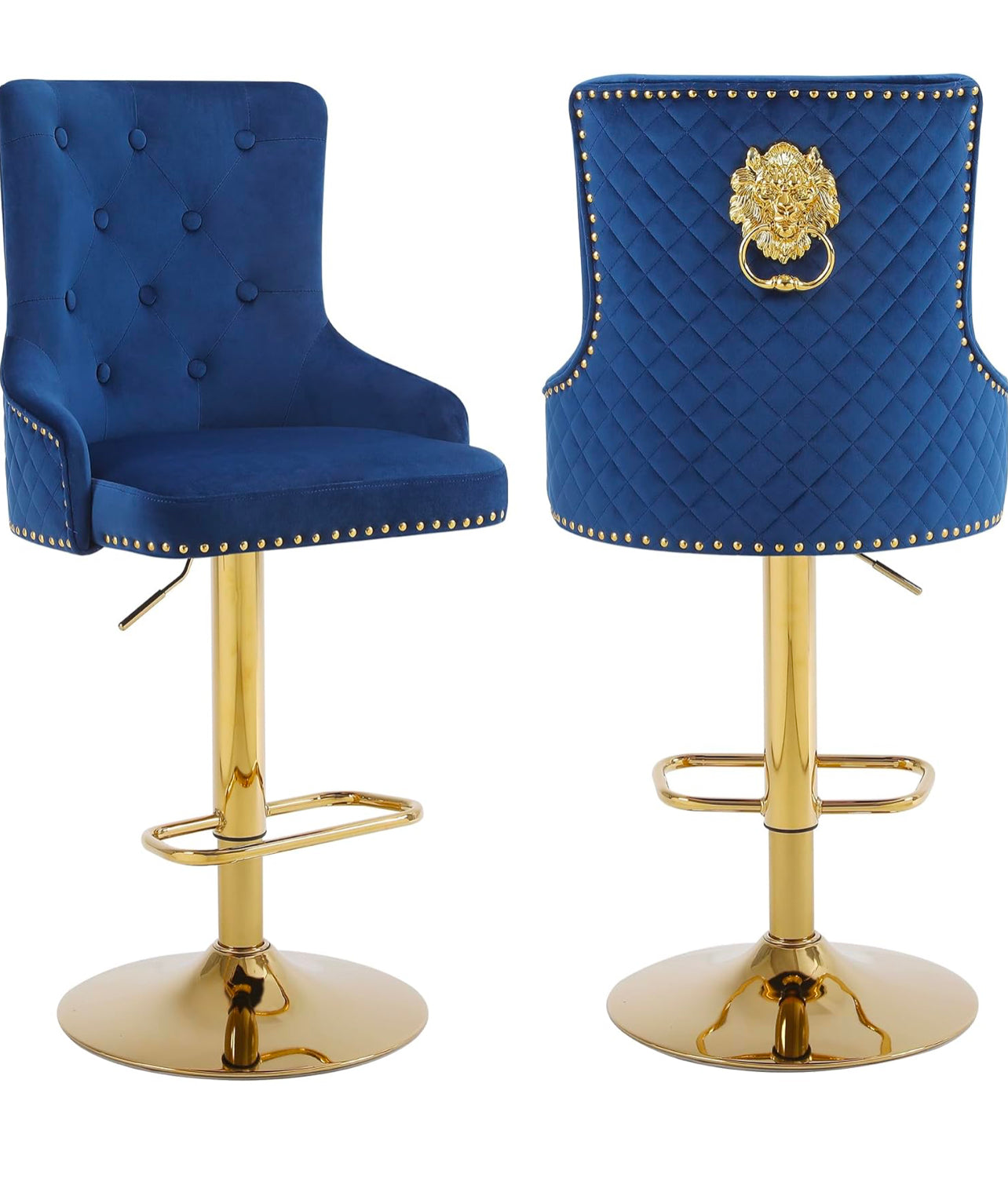 Velvet Gold Barstools Set of 2, Modern Counter Height Adjustable Swivel Stools Chairs with High Tufted Backrest Golden Base Lion Pull Ring Diamond Pattern Rivet Trim for Kitchen (Dark Blue)