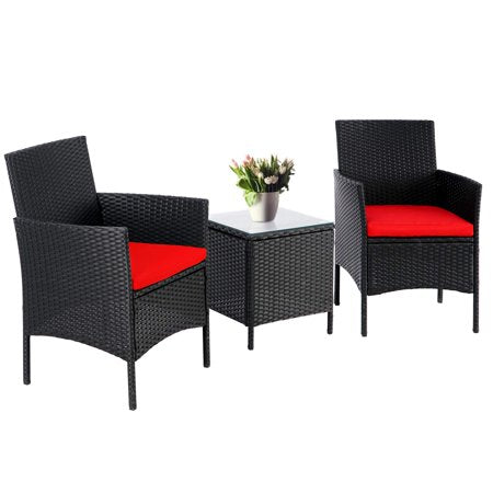 3-Piece Patio Outdoor Bistro Furniture Set, All-Weather Black Wicker Chairs and Glass Side Table, Red Cushion