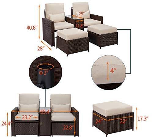 5 Piece Outdoor Furniture Sets PE Wicker Rattan Chaise Lounge